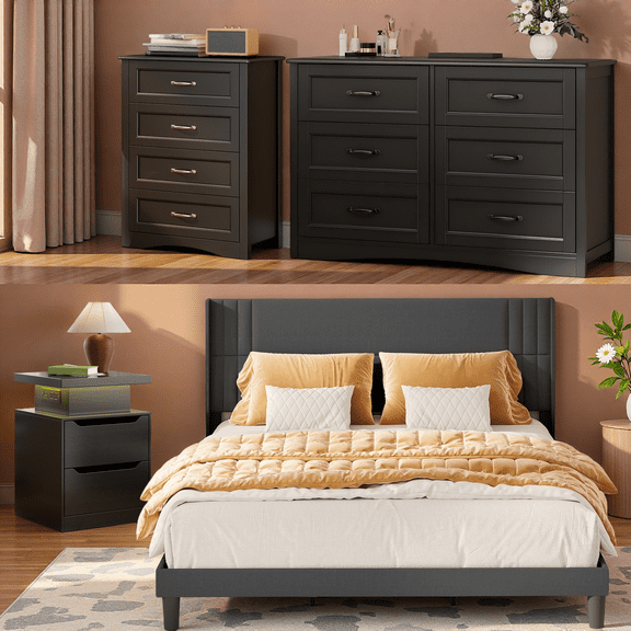 Bedroom Set - Includes Full Size Bed Frame (Dark Gray), Nightstand with Charging Station, 4-Drawer Dresser & Double Wide 6-Drawer Dresser - Modern Storage Solution for Stylish Home Decor, Black