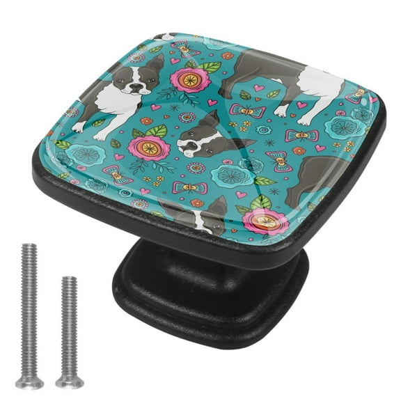 4 Pcs Cabinet Handle Drawer Pulls Boston Terrier and Flowers Knobs with Screws Square Furniture Office Cabinet Knob Decoration