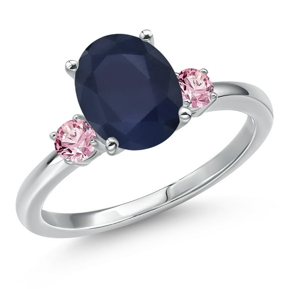 Gem Stone King 14K White Gold Blue Sapphire and Pink Lab Grown Diamond Engagement Ring for Women | 3.26 Cttw | Oval 10X8MM | Gemstone September Birthstone | Size 6
