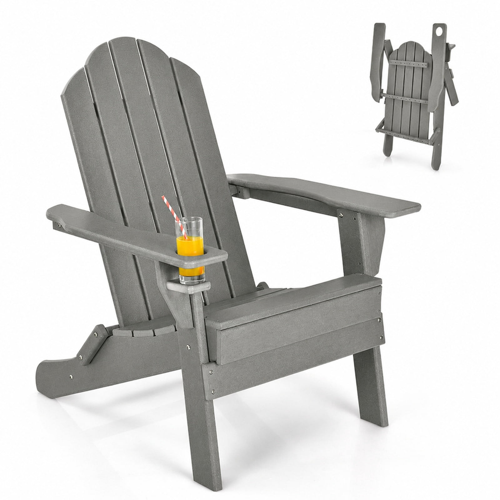 Furnibear Foldable Weather Resistant Adirondack Chair with Built-In Cup Holder Wide Armrests and Ergonomic Seat for Patio Deck and Garden, Gray