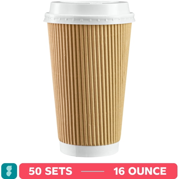 GUSTO Disposable Coffee Cups with Lids 16 Oz Insulated Paper Cups, [50 Sets - 16 oz.]