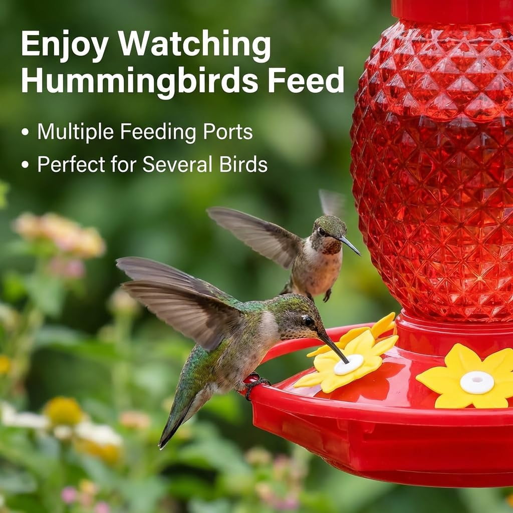 Glass Hummingbird Feeders for Outdoors Hanging 16oz 2 Pack Red Pineapple Bee & Ant Proof 360°Perch Leakproof Easy Clean with 6 Feeding Ports Gifts for Mom
