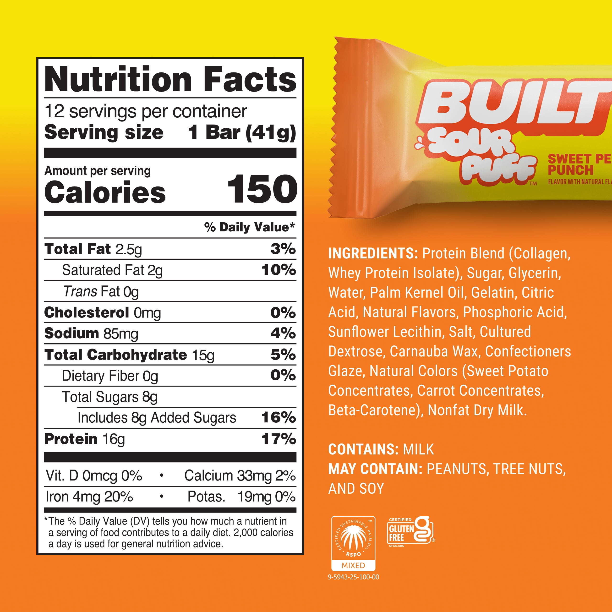 BUILT Bar Sour Puff Protein Bars, Sweet Peach Punch, Gluten Free, Sour Candy Snacks - 12ct