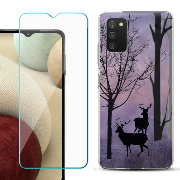 Slim-Fit TPU Fashion Phone Case for Samsung Galaxy A03s, with Tempered Glass Screen Protector, by OneToughShield ® - Forest/Deer/Twilight