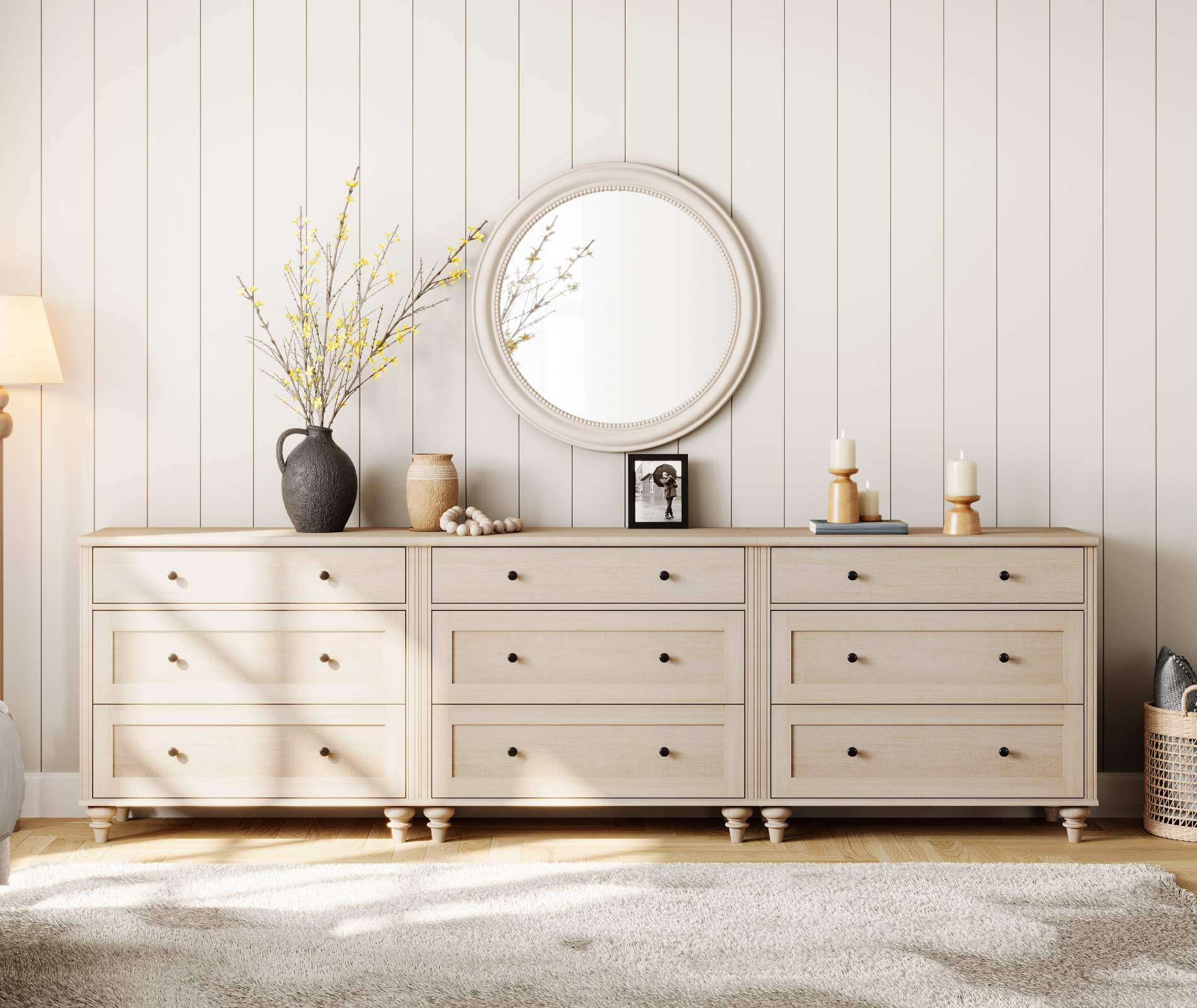 Farmhouse Dresser for Bedroom with 3 Drawers, Mid Century Modern Kids Dressers with Wood Closet Storage Organizer, Small Dressers for Nursery, Hallway, Living Room, Beige