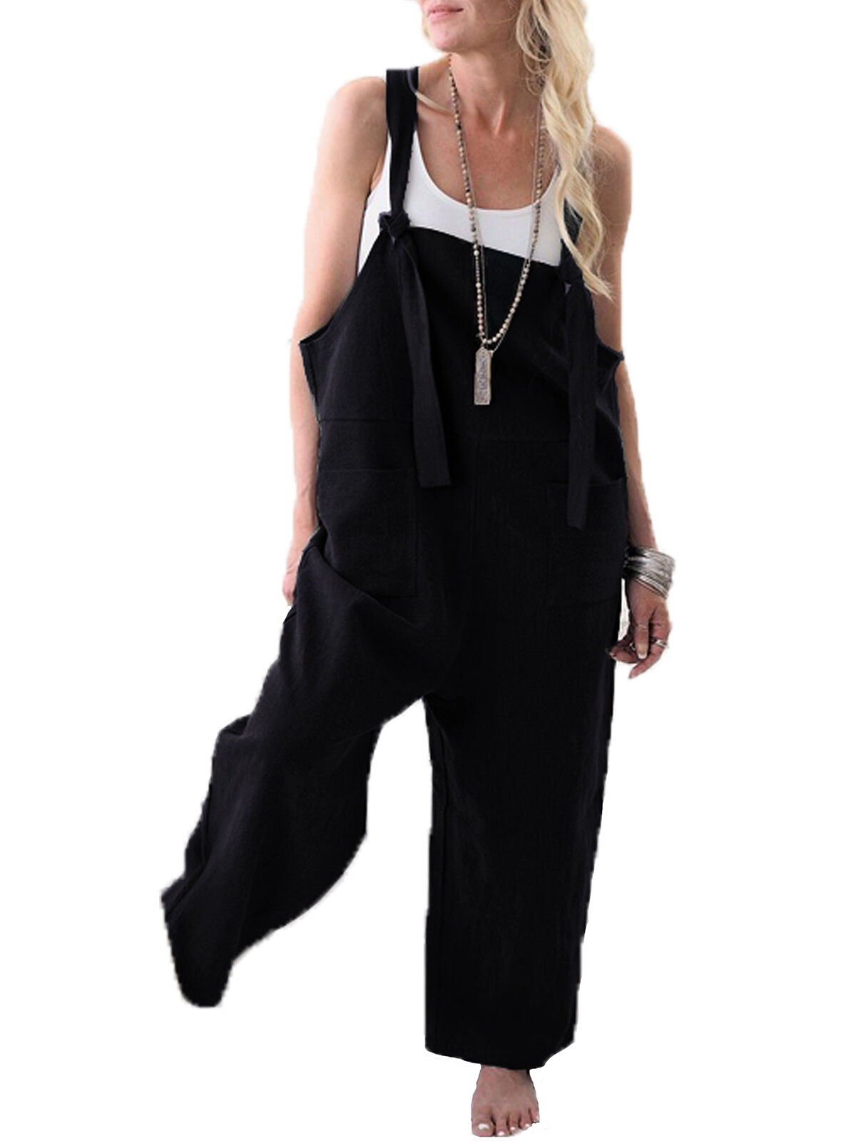 Calsunbaby Women Dungaree Cotton Linen Jumpsuit Playsuit Baggy Romper Trousers Plus Size