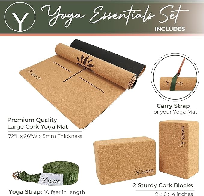 Premium Cork All-in-One Yoga Essentials Kit -Large Cork Yoga Mat and Blocks Set with Carry Strap and Alignment lines, 10ft Yoga Stretch Strap, Your Ultimate Eco-Friendly Yoga Starter Set
