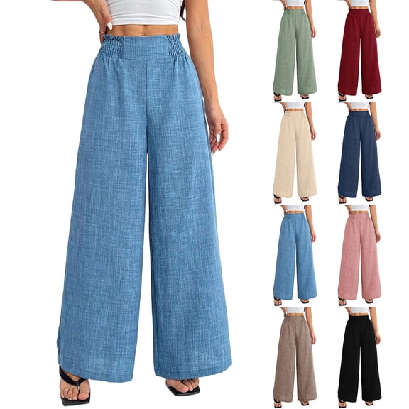Women's High Waisted Palazzo Pants Cotton Linen Wide Leg Trousers Casual Smocked Waist Beach Pants Flowy Long Swing Pants