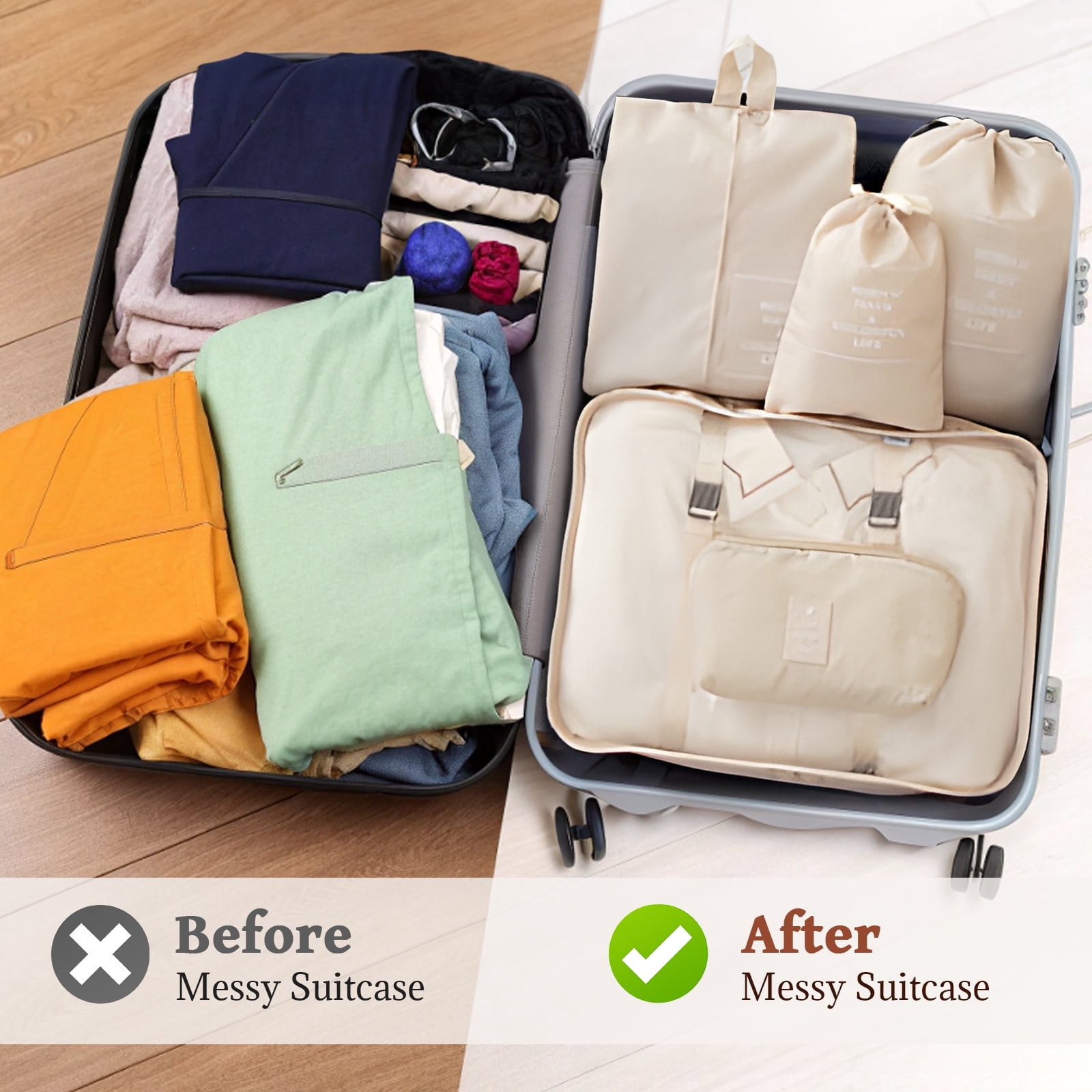 9-Piece Beige Travel Packing Cubes Set - Large Capacity, Waterproof & Breathable for Organized Trips
