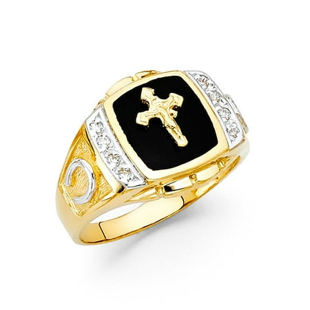 Onyx Ring Men Horseshoe Cross Ring Solid 14k Yellow Gold Mens Band Black Onyx Religious CZ Good Luck Mens Fancy ()