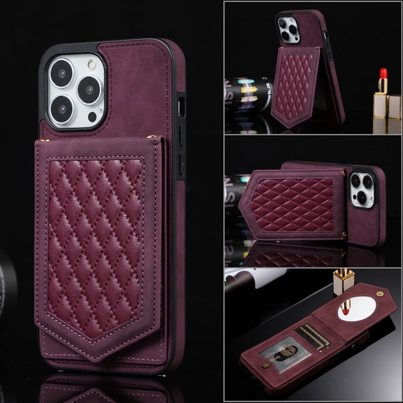 Cover for Apple iPhone 13 Pro Max Case, Crossbody Wallet Adjustable Detachable Lanyard Strap with Mirror Kickstand Leather Card Holder Protective Cover, Winered