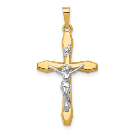 14k Real Gold Two Tone INRI Crucifix Cross Pendant Necklace for Men and Women Polished Latin Catholic Religious Jewelry with Jesus Figure Symbol of Faith and Devotion