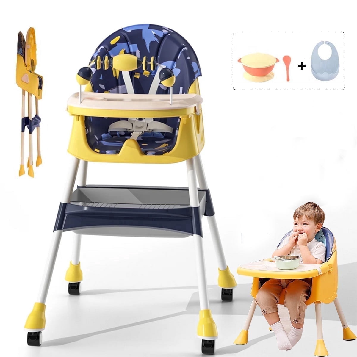 SIMANLI Baby High Chair, Convertible 4 in 1 Toddler Feeding Chair with Tray & Wheels, Adjustable Booster Seat for Boys and Girls, Blue