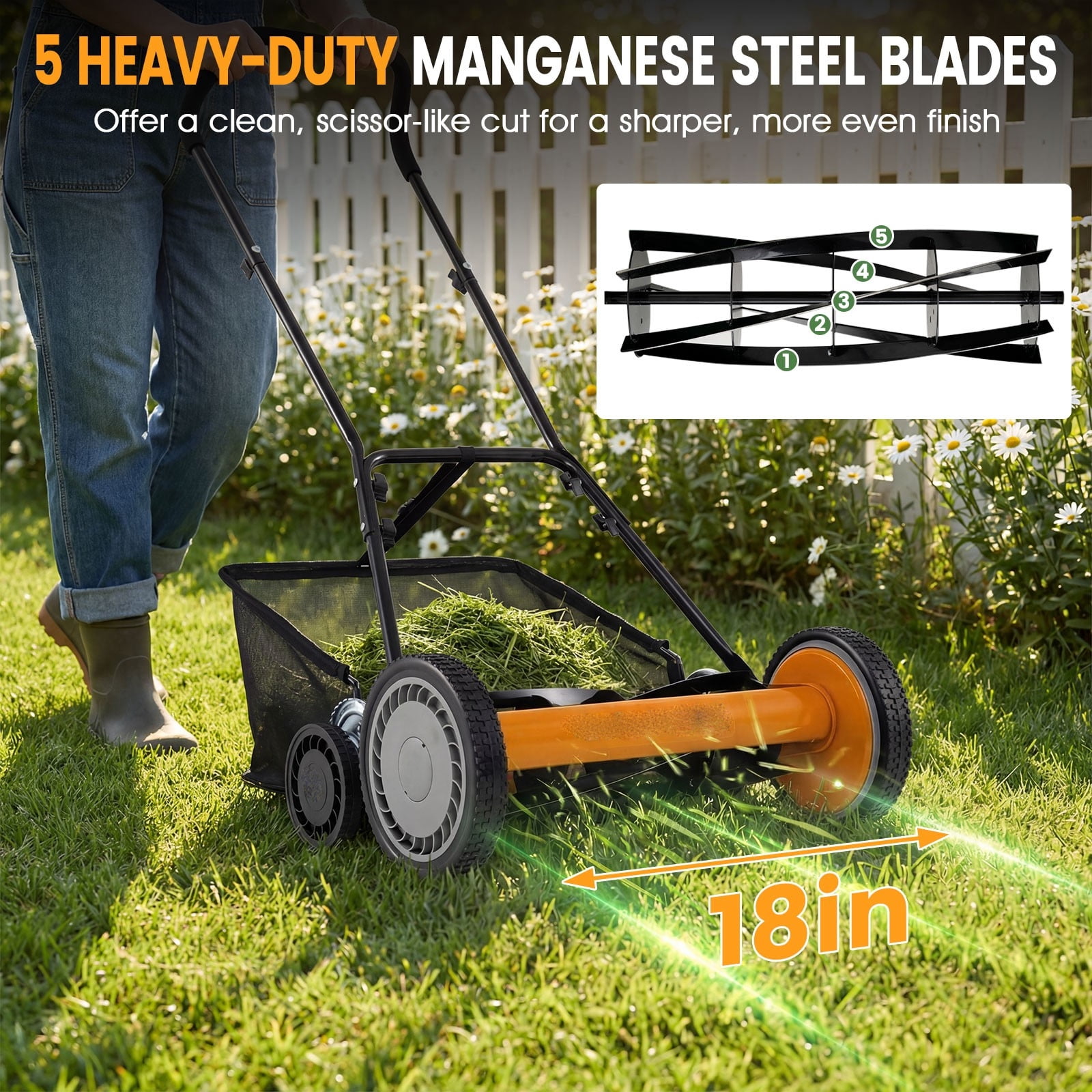 DRAZUNO Push Reel Lawn Mower, 5-Blade Manganese Steel Manual Grass Cutter,Lightweight