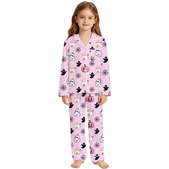 CONZONE Halloween Pajamas for Toddler Girls Printed Long Sleeve Button Down Tops and Pants Hallowmas Loungewear Soft 2 Piece Girls Pjs Set Size 3-4 Years