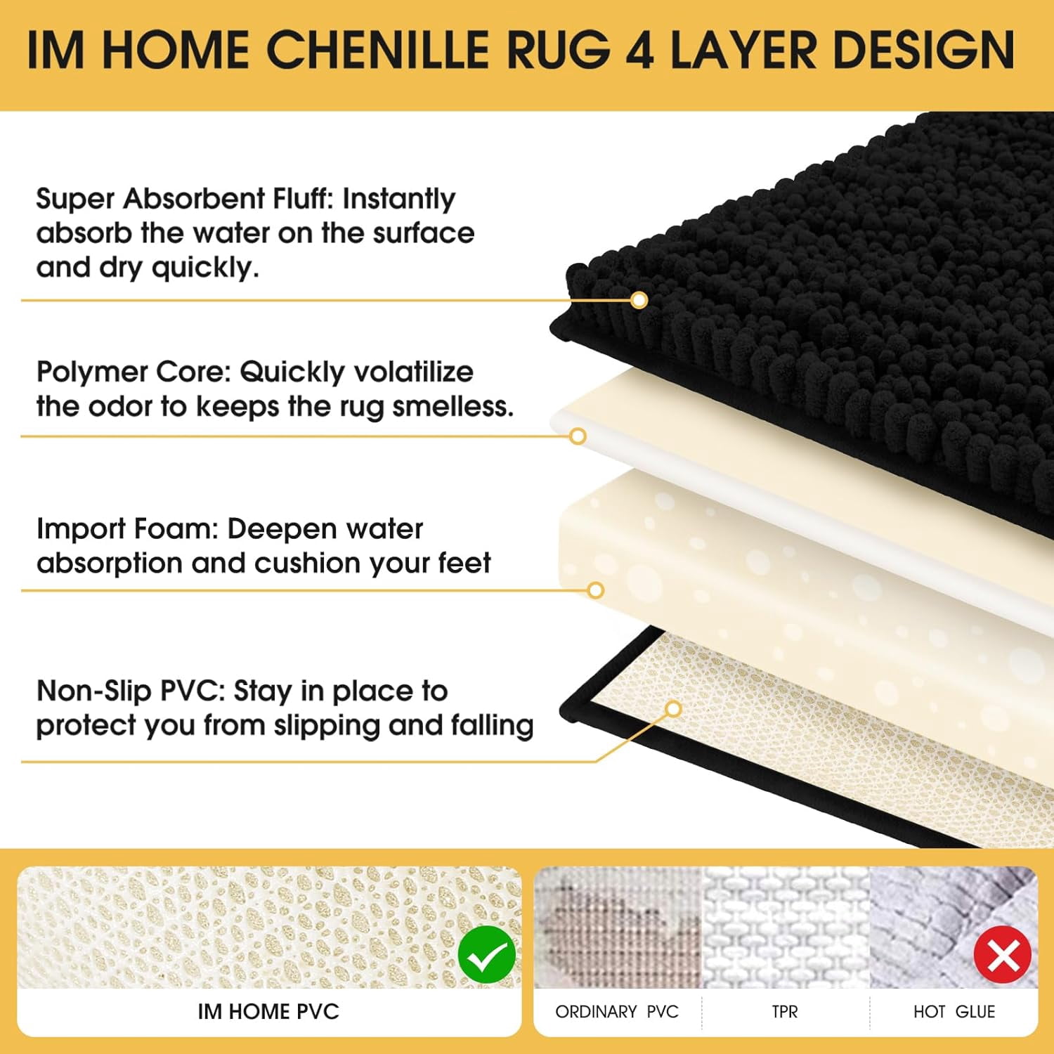 HAKUNA Upgrade Extra Large Black Bathroom Rug Set 3 Pieces Ultra Soft, Thick Absorbent Bath Mats, Non Slip Chenille Toilet Mat for Bathroom, Bedroom, Kitchen