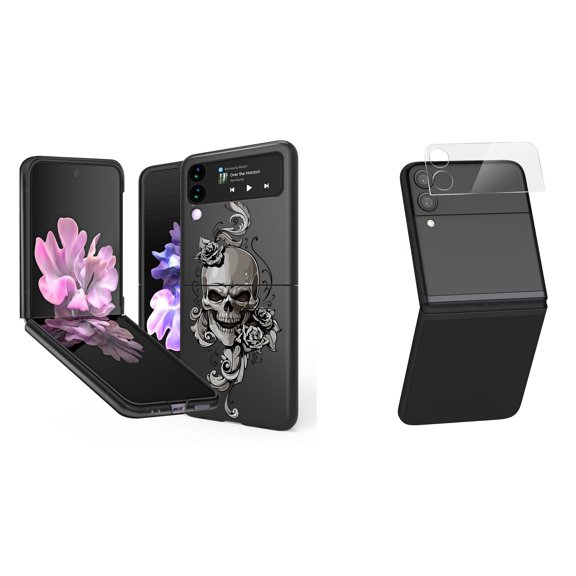 Bemz Premium Bundle for Samsung Galaxy Z Flip 3 5G: Slim Snap-On Protector Case (Skull Flowers), Rear Camera Glass Protector