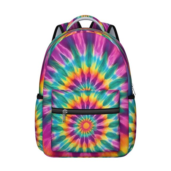 Pink and Green Tie Dye Pattern Backpack for School, Cute School Bag with Adjustable Shoulder Straps and Padded Back, 15.3"x11"x7.1"