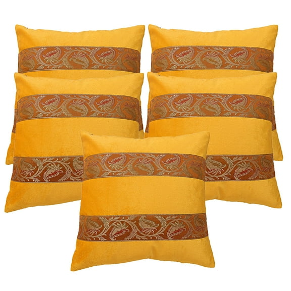 Stylo Culture Ethnic Couch Throw Pillow Covers 16 x 16 Polydupion Brocade Jacquard Yellow Square 40x40 cm Home Decor Velvet Floral Zippered Cushion Covers | Set Of 5
