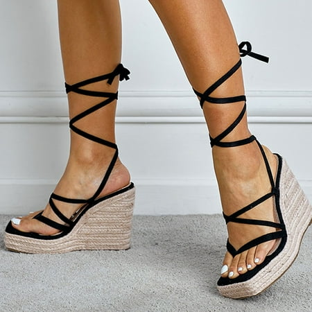 

Hvyes Women s Espadrille Platform Wedges Sandals Casual Heel Open Toe Tie Lace Up Sandals Platform Ankle Strap Summer Dress Shoes Size 6.5