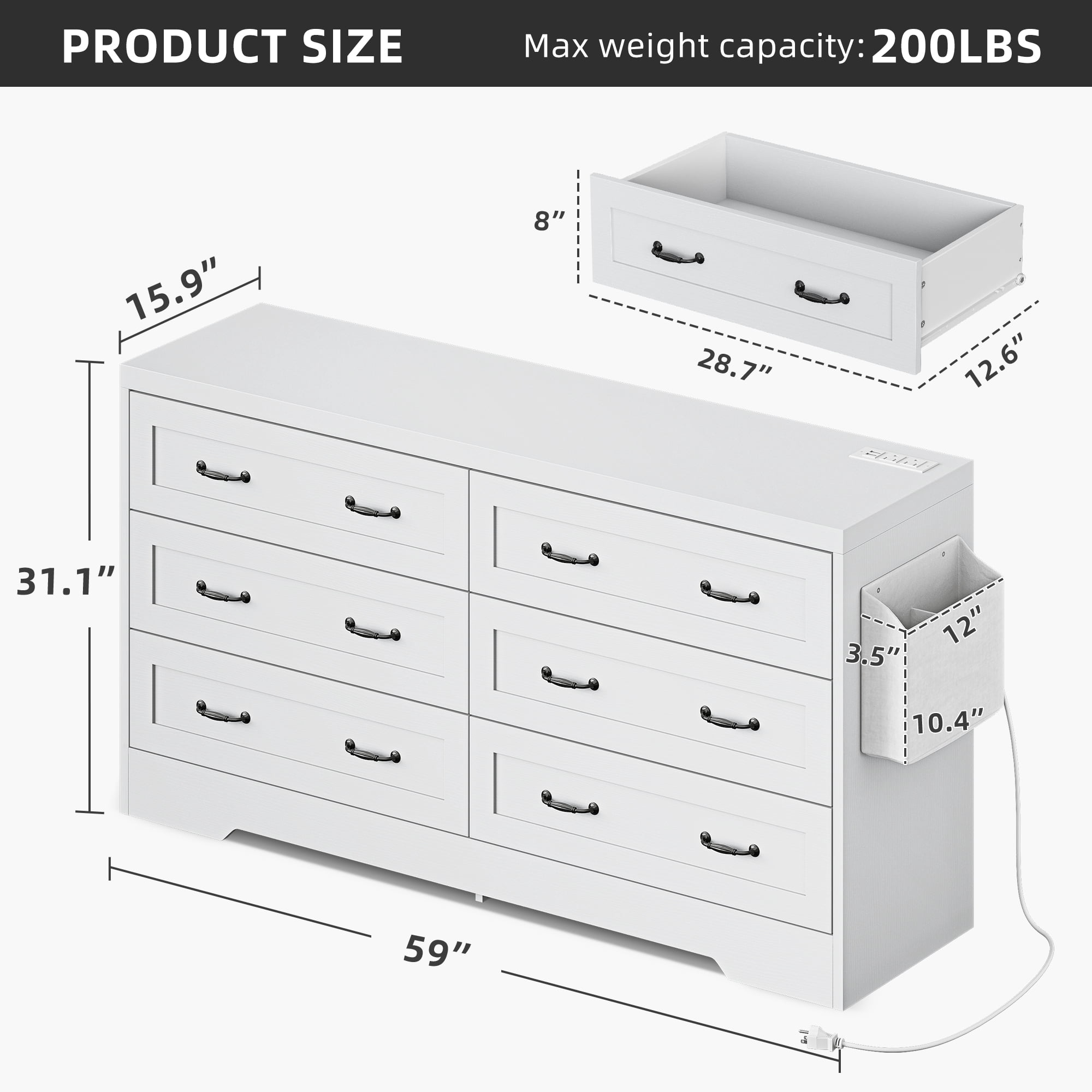 DEXTRUS 6-Drawer Double Dresser with Power Outlets, Wood Storage Cabinet Chest of Drawers, White