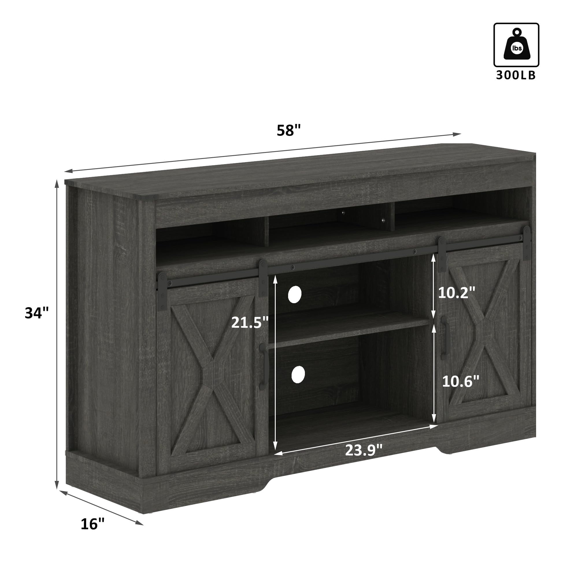 58 Inch Farmhouse TV Stand with Sliding Barn Doors, CARB P2 MDF Entertainment Center with Adjustable Shelves & Cable Holes, 300 LBS Weight Capacity Media Console for TVs Up to 65 Inch