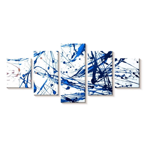 Elephant Stock Abstract Navy Drip Wall Art - Horizontal Multi Panel Canvas - Living Room Wall Decor - Abstract Multi Panel - Blue And White Decor - 29" x 12"