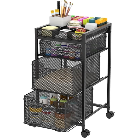 3-Drawer Metal Rolling Utility Cart with DIY Adjustable Dividers, Heavy-Duty Craft Storage Organizer for Art Supplies & Cosmetics, Lockable Wheels (Patent Pending)