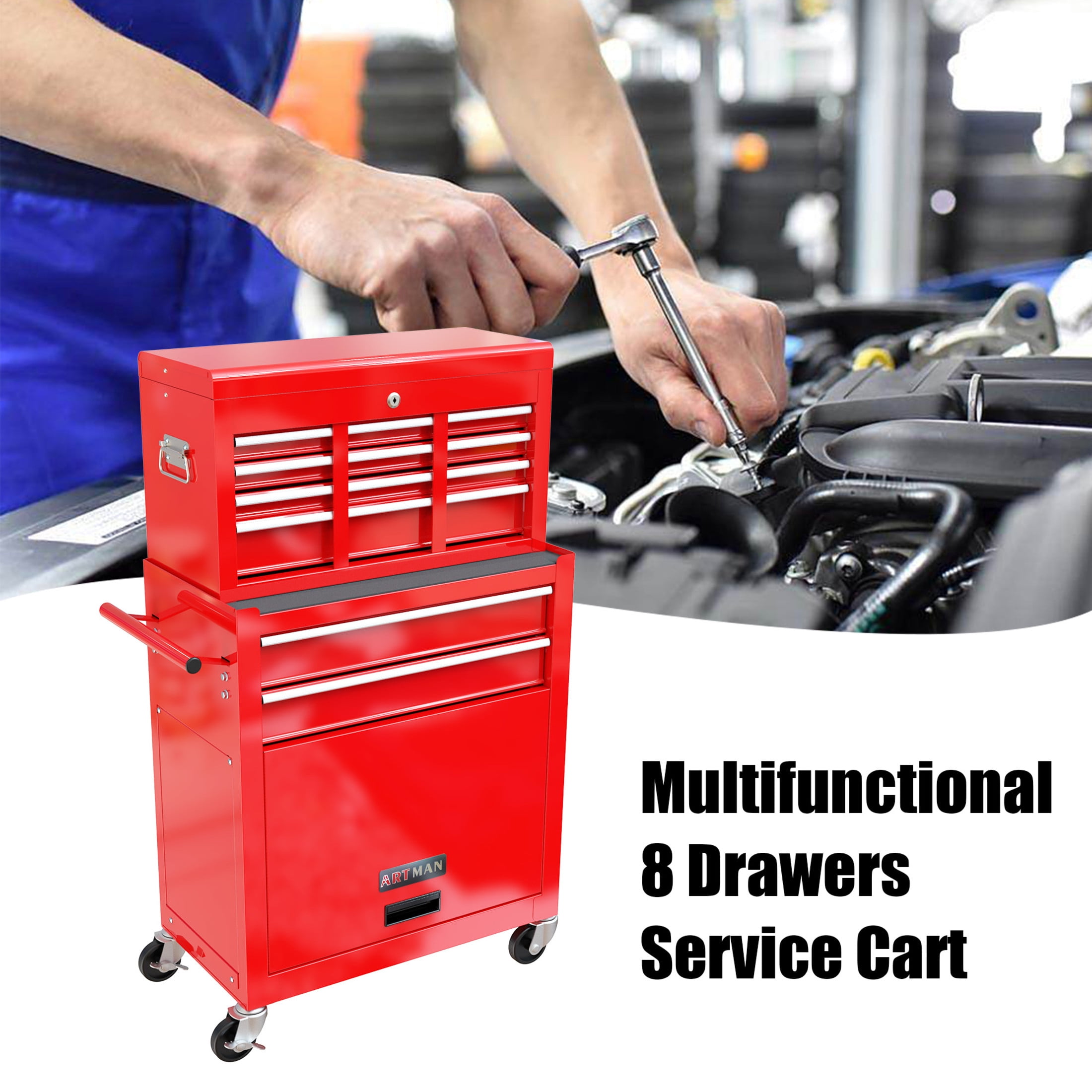 Noble House Heavy-Duty Rolling Tool Chest, 8-Drawer Steel Storage Box Organizer with Detachable Box, Red