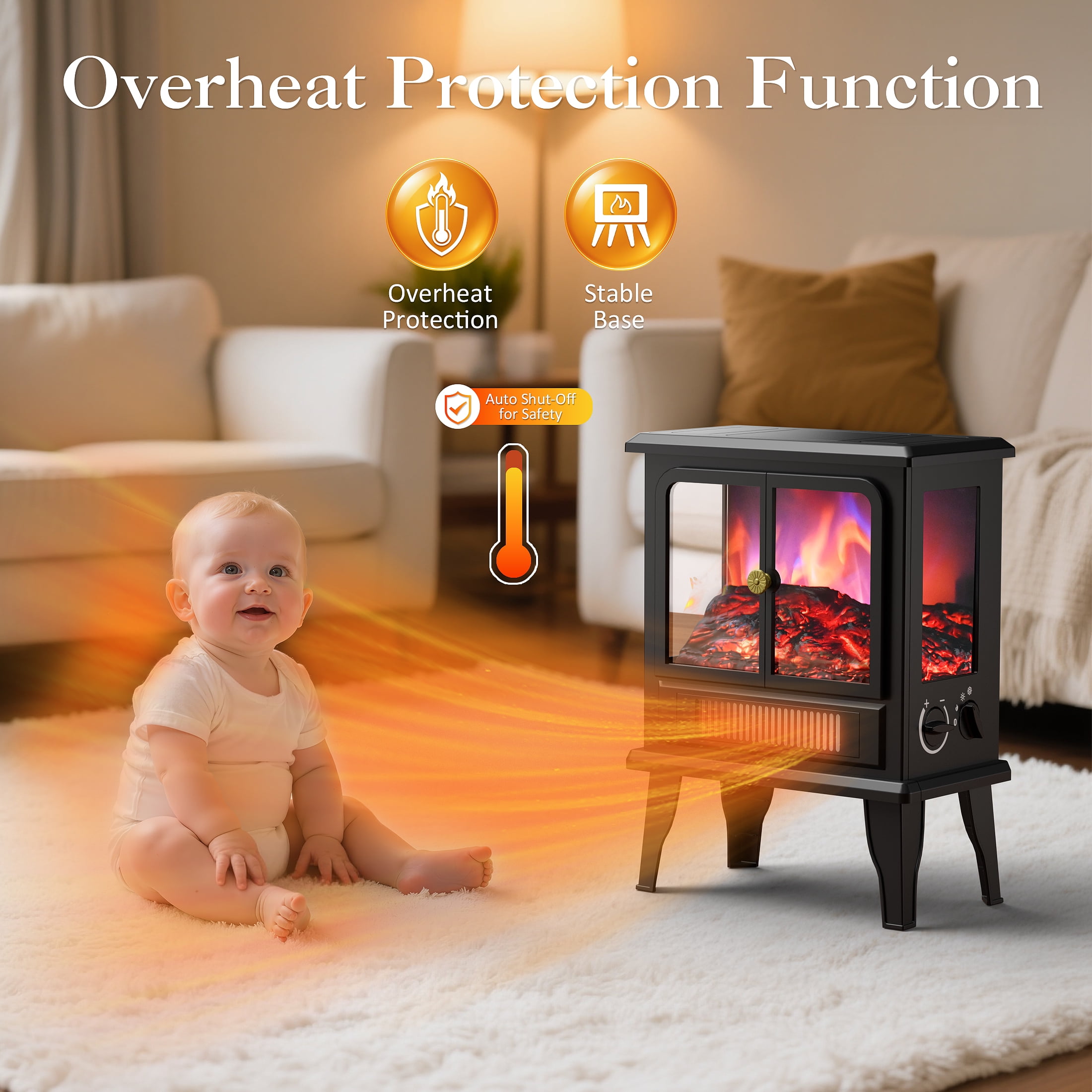 LifePlus Electric Fireplace Heater, Freestanding Fireplace Stove with 3D Realistic Flame for Indoor Home Safe Use, 750W/ 1500W, 19"