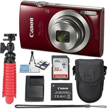 Canon PowerShot ELPH 180 20 MP Digital Camera (Red) with 8x Optical Zoom Fixed Lens + 32GB Memory Card + Flexible Spider Tripod + Travel Camera Case + Point & Shoot Camera Accessories (Best Travel Camera Zoom)