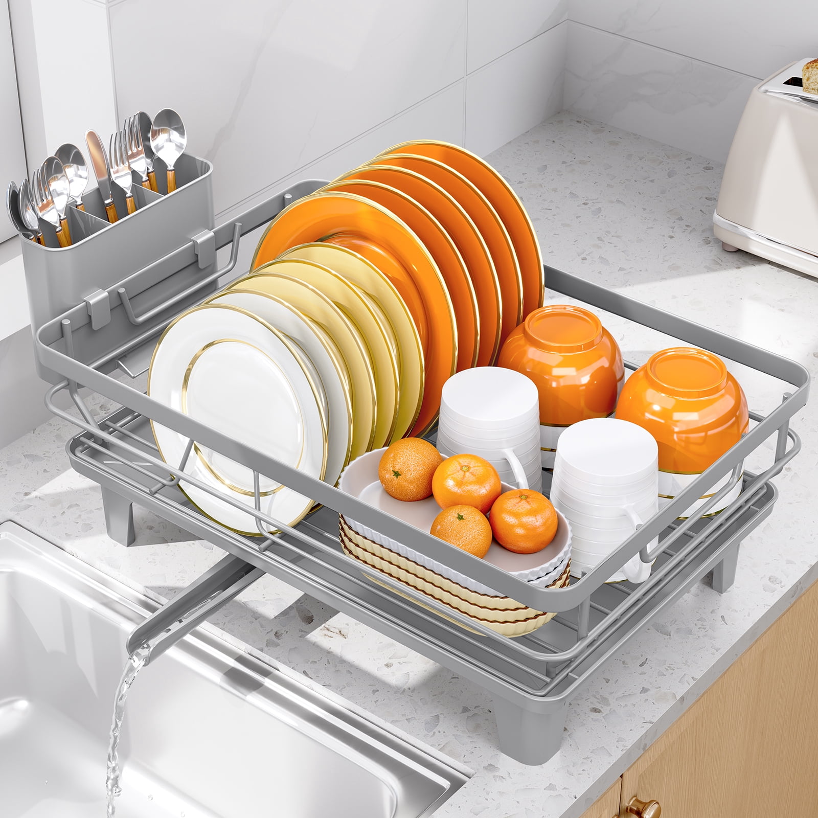 KINGRACK Dish Drying Rack, Large Dish Rack with Drainboard and Cup & Utensil Holders, Stainless Steel, Over Sink or Counter, Gray