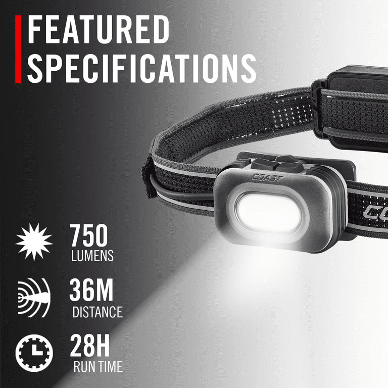 Coast RL12R Rechargeable Headlamp, 750 Lumens, Dual Color Beam