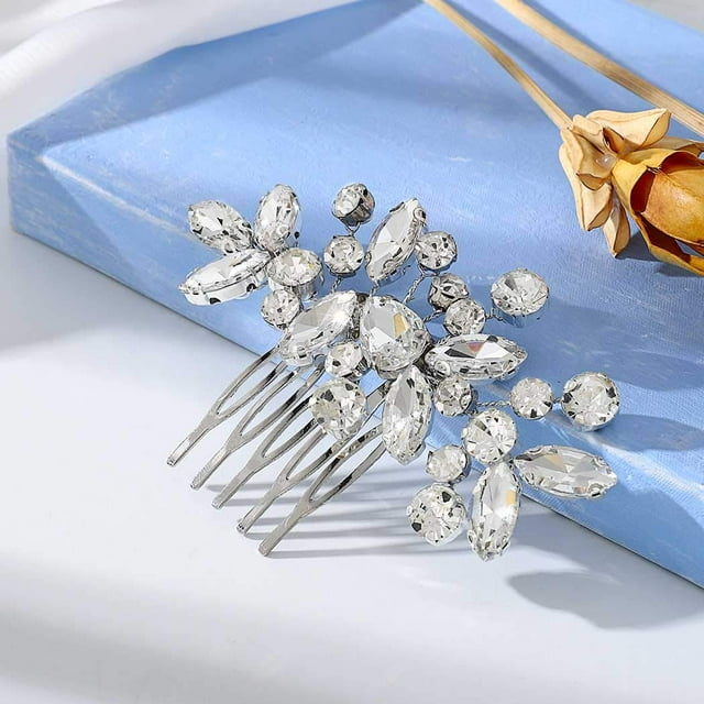 Peineta para el pelo de boda con cristales para novia, accesorios para el cabello con peines laterales para novia con diamantes de imitación para mujeres y niñas (A Silver)