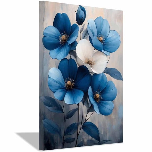Mudket Blue and White Canvas Wall Art, flower poster, Framed Ready to Hang, Modern Floral Wall Decor for Living Room Bedroom Office, Minimalist Botanical Print - 12"L x 8"W