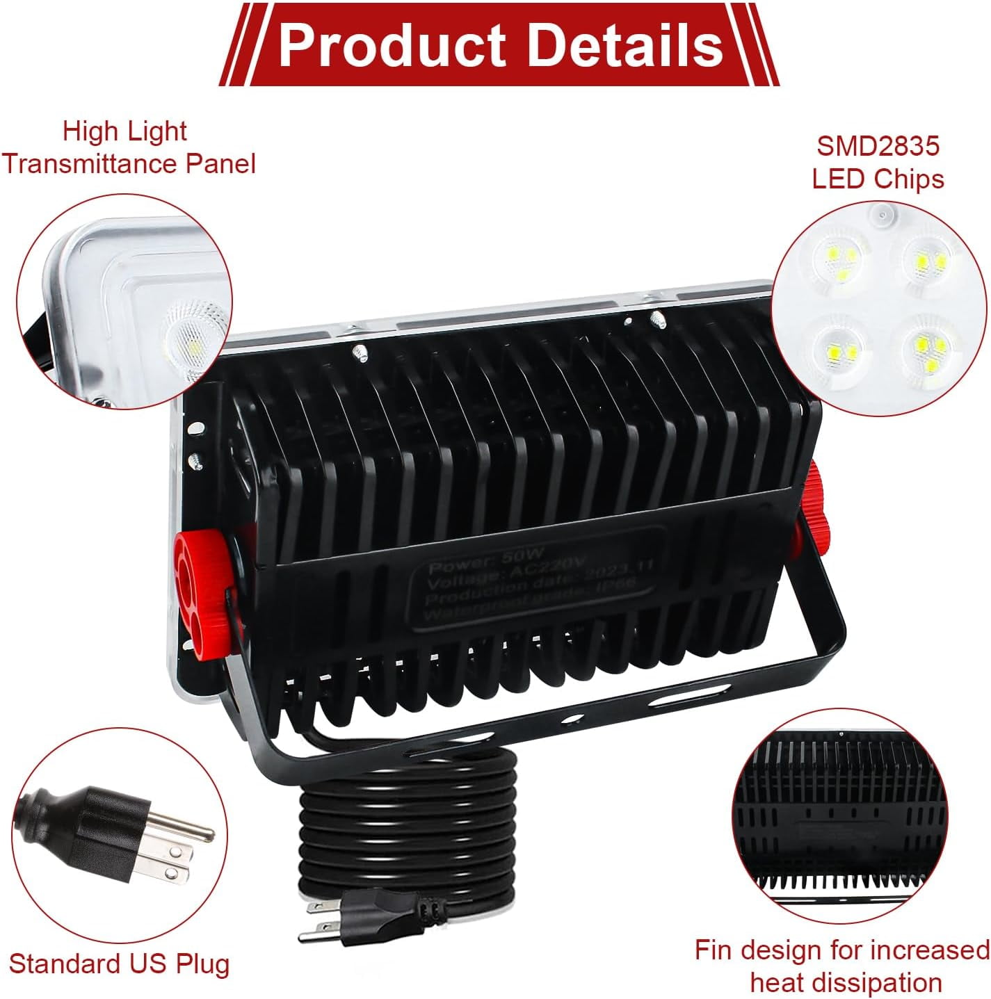 50W Led Outdoor Flood Light, Exterior Flood Lights, Led Stadium Lights, Plug in Flood Light, with 59 Inch Line, for Yard, Playground, Lawn,Garden,Garages,Basketball Court, Stadium