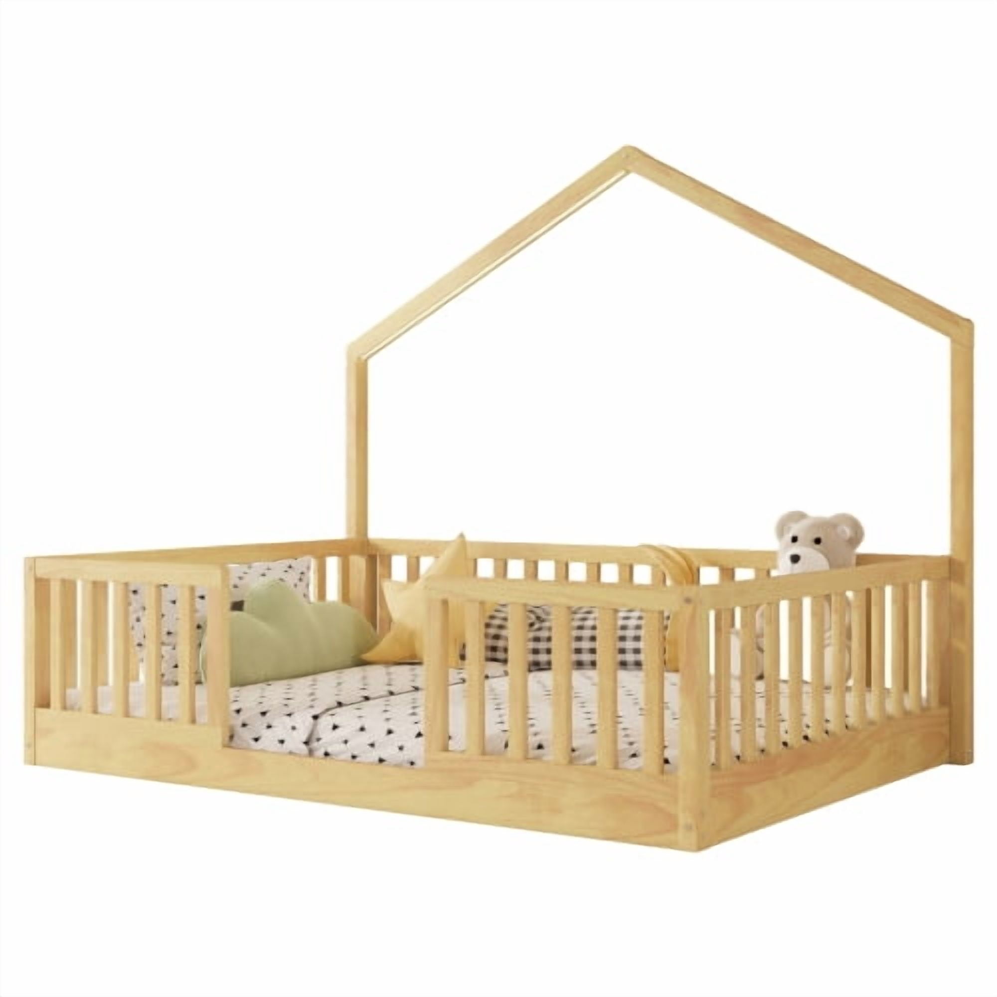 Full Size Montessori Kids Floor Bed with House Frame, LED Strip Light & High Safety Guardrails, Pine Wood Low Platform Bed Frame No Box Spring Needed, Max 300 LBS for Boys Girls