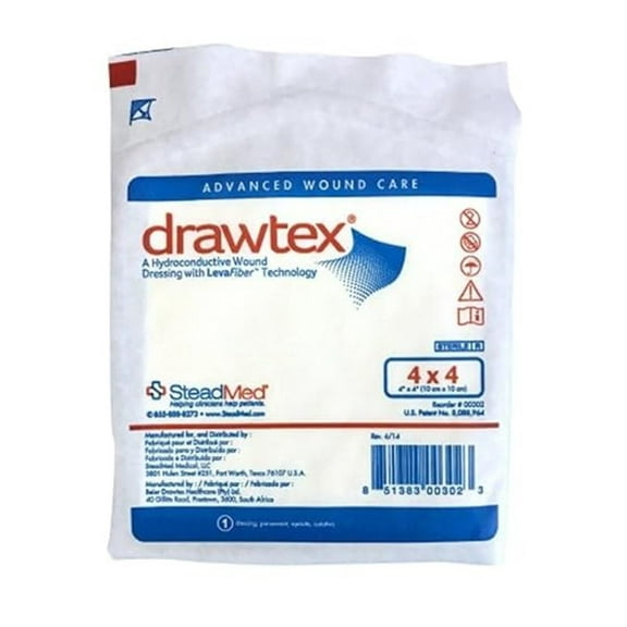 Drawtex 00302 Hydroconductive Dressing with Levafiber, 4x4 - Box of 10 Wound Care Pads; Absorbent Non-Adherent Post-Operative Dressing for Blisters, Ulcers & Skin Protection