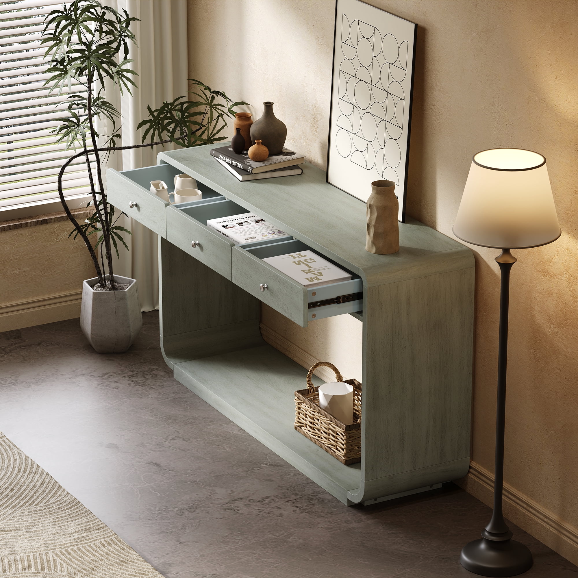 Mintazer Curved Rounded Console Table with Brushed Nickel Handles, Entryway Table with 3 Drawers & Open Bottom Shelf, Anti-Tip Sofa Table for Hallway Living Room Foyer, Blue