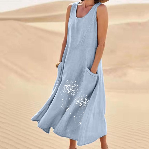 Sakmal Dresses for Women 2024 Graphic with Pocket Loose Fit Sleeveless Blue Comfort Fit Maxi Slip Dress
