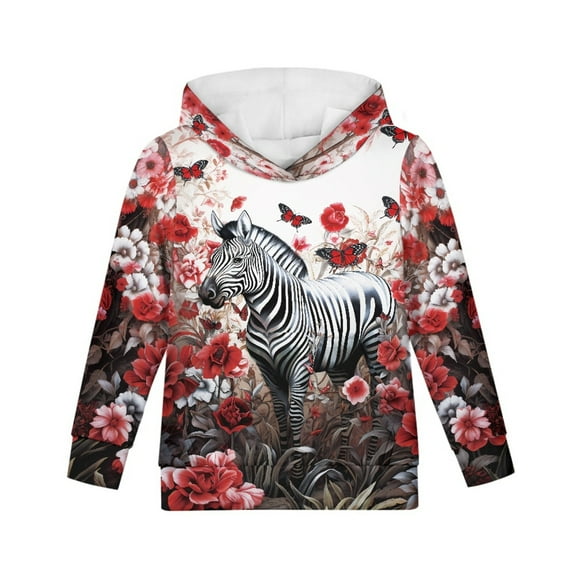 Xoenoiee Retro Floral Zebra Butterfly Pattern Girls Hoodies Long Sleeve Sweatshirt Pullover Hoodies for Fall Winter Hooded Tops Playwear for Kids Traveling Walking Running, M