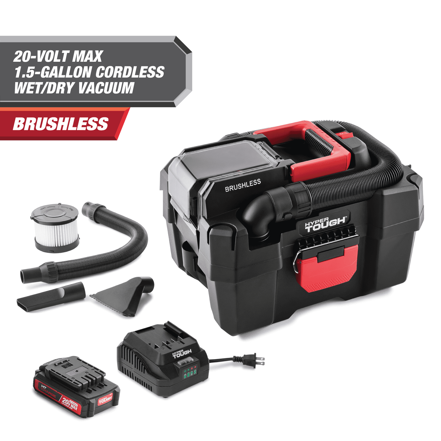 Hyper Tough 1.5 Gal Cordless Wet/Dry Vacuum 20V Max Brushless Motor Battery and Charger Included