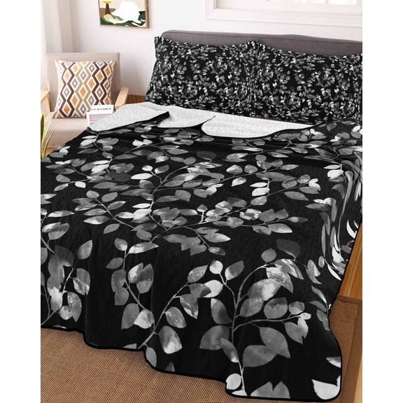 Black Botanical Twin Size Down Alternative Comforter, Lightweight Comforter Quilt Bedding Set with Pillow Shams Pastoral Spring Floral Classic Black All Seasons Bed Comforter Duvet Insert 68"x86"