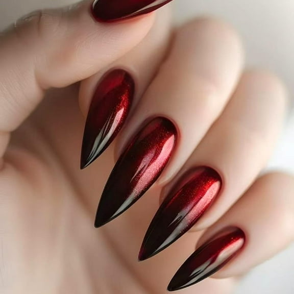 Stilettos Press on Nails Red Black Gradient Fake Nails Extra Long Ballerina Glue on Nails Glossy Acrylic Stick on Nails for Women DIY Manicure Decor Multicolor Red Black Gradient