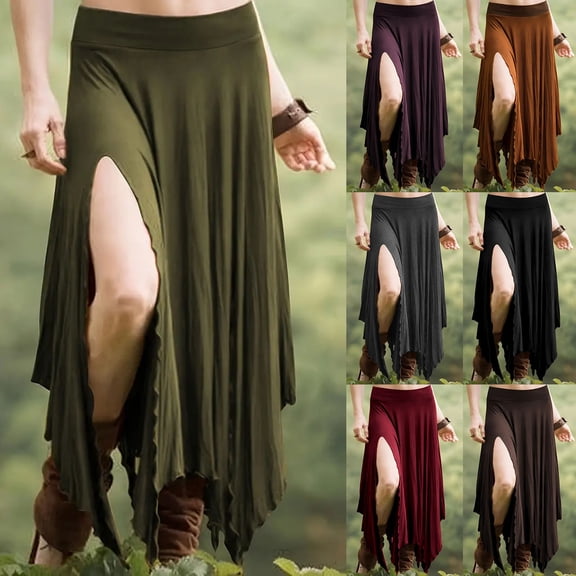 Womens High Waist Maxi Skirt Side Slit A-Line Flared Solid Color Casual Skirt Wine