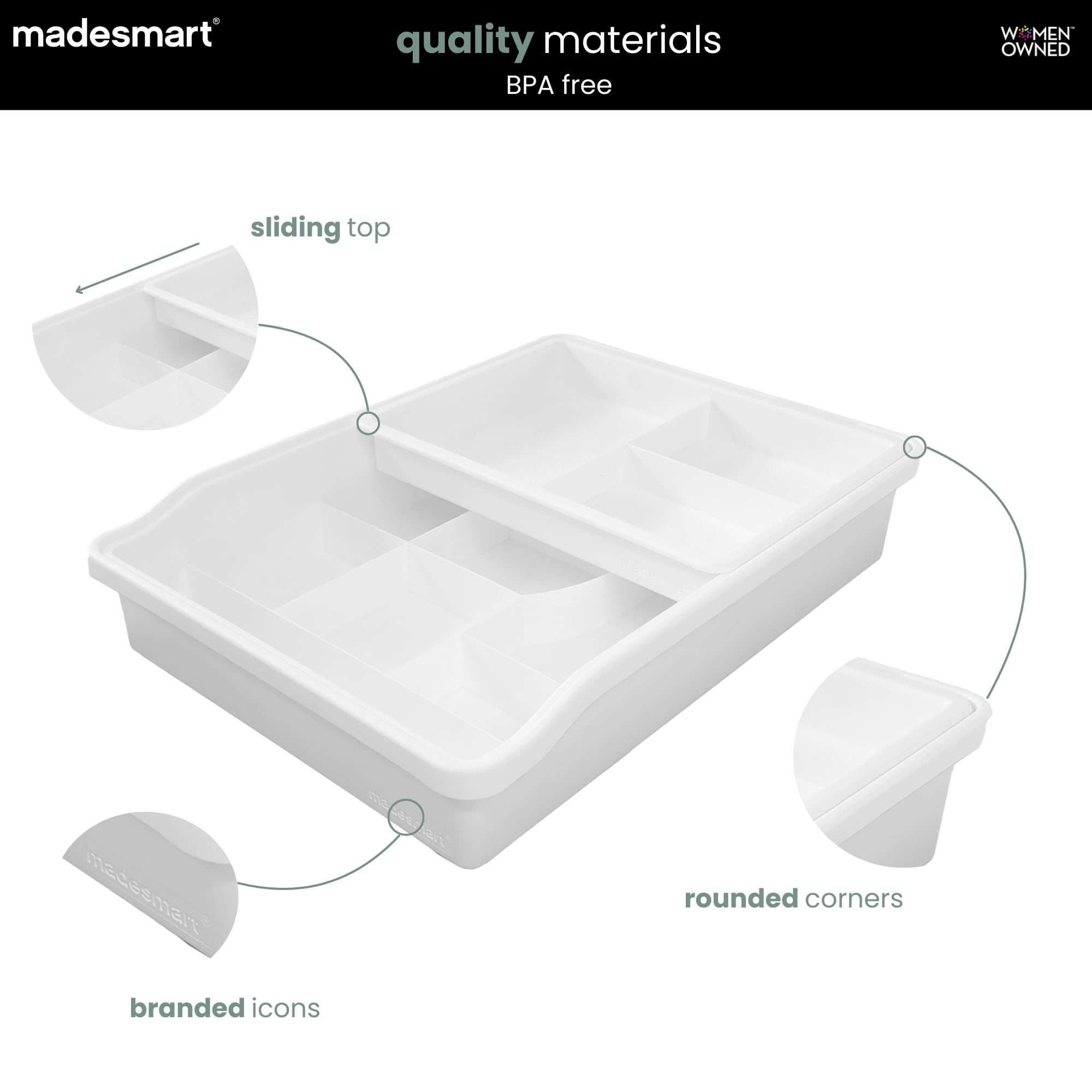 Madesmart 12-Compartment Junk Drawer Organizer with Sliding Top Tray, Multipurpose Storage Bin Solution for Kitchen, Office, Bathroom, White, A Practical Choice for Kitchen Organization