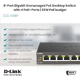 thumbnail image 3 of Restored D-Link 8-Port Gigabit PoE+ Unmanaged Switch | 4 PoE+ Ports (60W Total PoE Budget) | Metal Compact Desktop - (DGS-1008P-RE) (Refurbished), 3 of 7