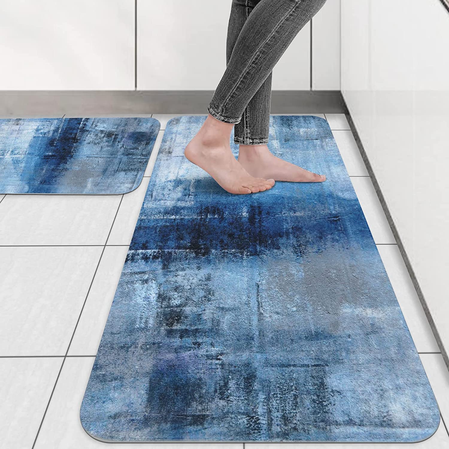 aoselan Blue Kitchen Mat Blue and Gray Abstract Art Kitchen Rugs and Mats Non Skid Washable 17