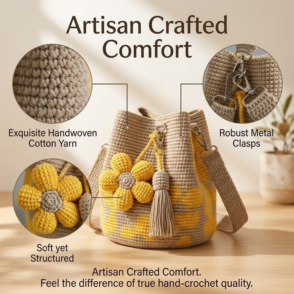 TripleHBB  Handmade Crochet Flower Tote with Flower Charm,Crochet Bucket Bag ,Knit Floral Purse Bag,Boho Beach Handbags Crossbody Shoulder Bag for Women Vacation