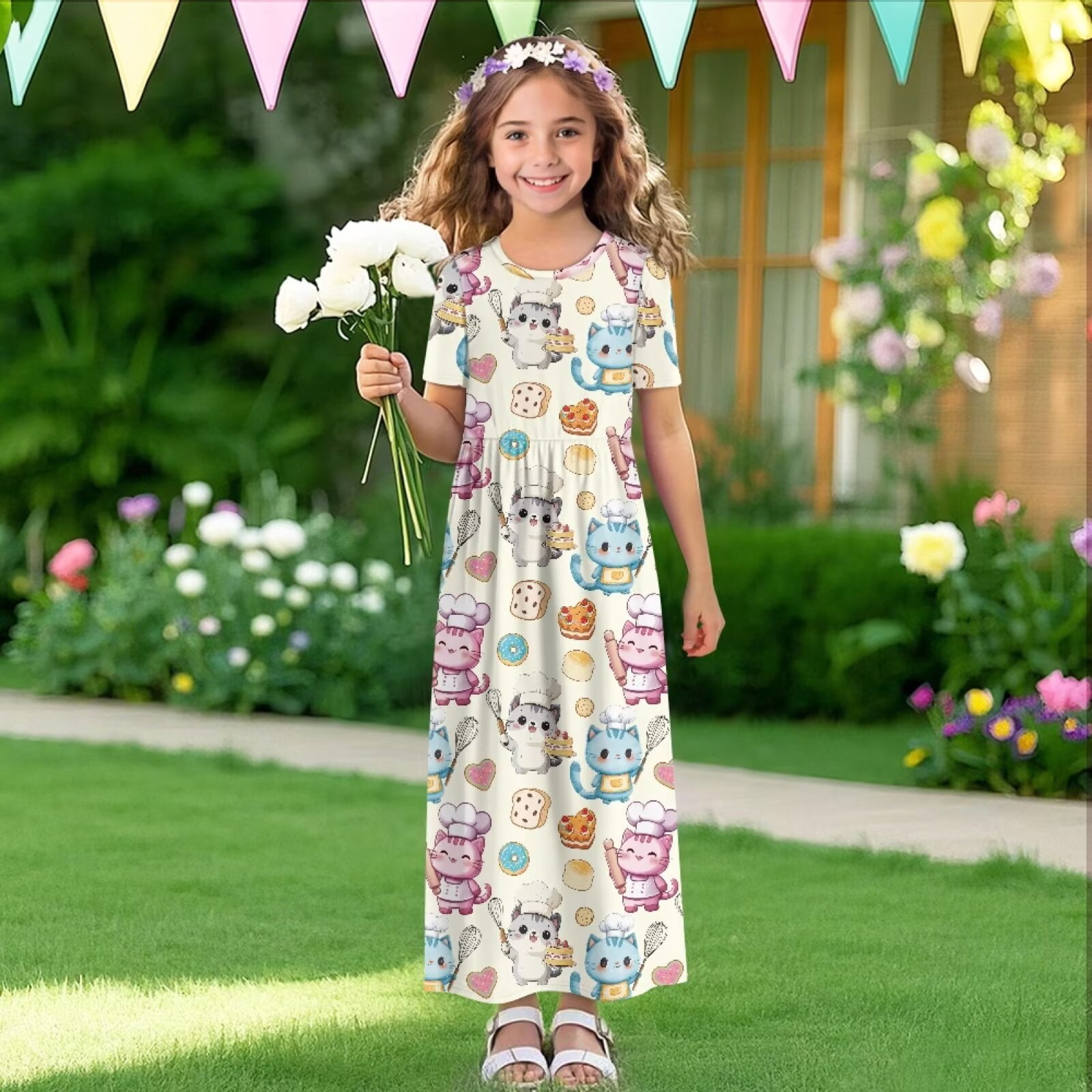 Uourmeti Girl's Short Sleeve Cartoon Cat Cook Print Crew Neck Loose Casual Long Maxi Dress with Pockets Toddler Girls Sundress Clothes, Size 13-14 Years